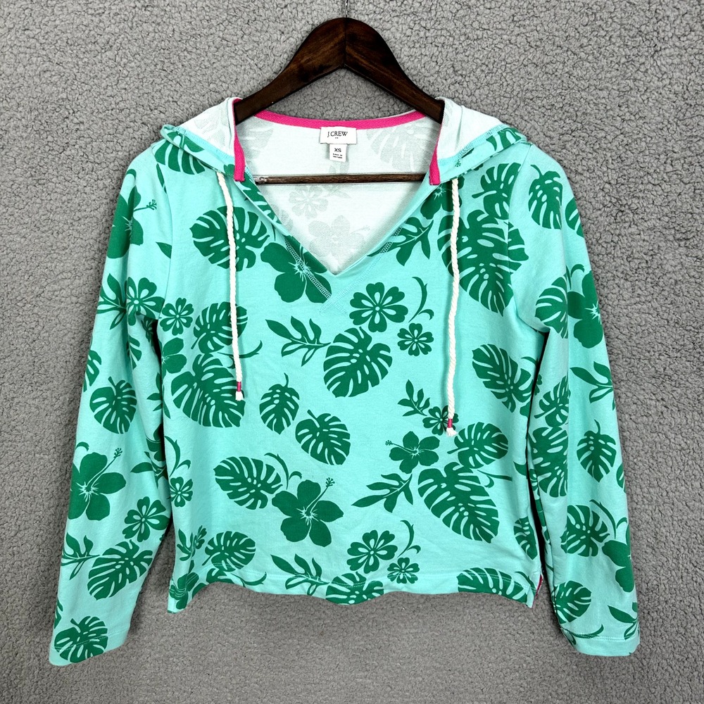 J.Crew Hoodie Women XS Green Tropical Floral Print Coastal Resort Surf Boho